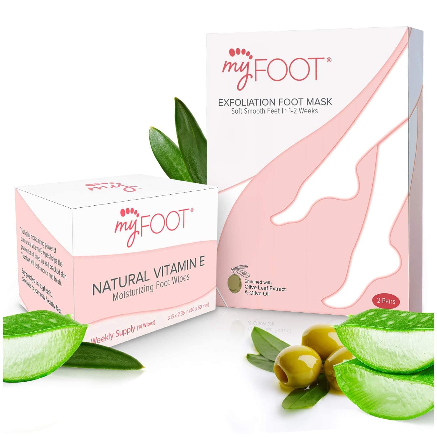 MyFoot Set, Foot Peel Mask Exfoliating Foot Treatment for Cracked & Dead Skin (2 Pack) plus Moisturizing Foot Wipes Keeping Your Feet Baby Smooth (14 wipes per box), Bundle.