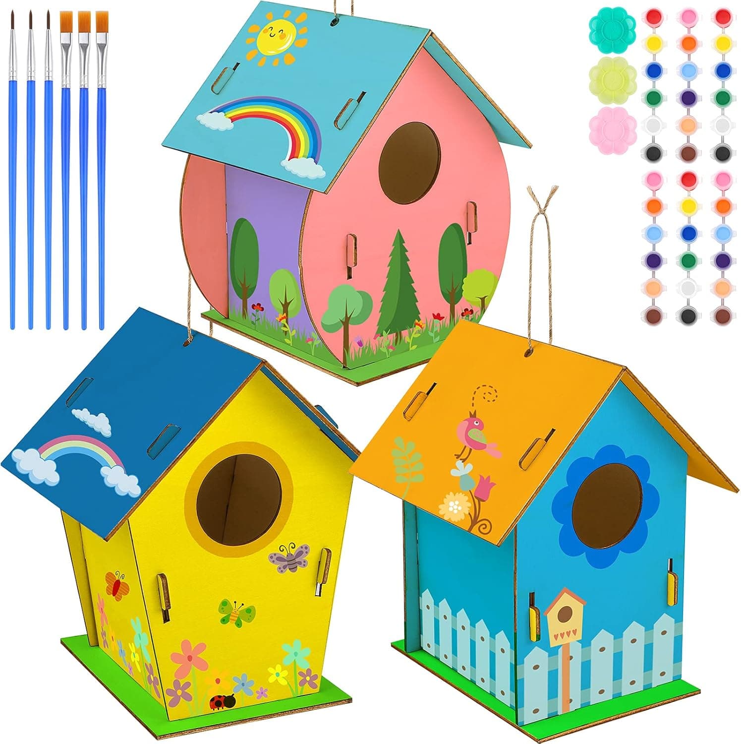 durony 3 Pack DIY Wooden Birdhouse Kits Paintable Unfinished Wood Birdhouse Hanging Decorations with Paints Brushes Palette and Pigment for Creative Halloween Christmas Activities