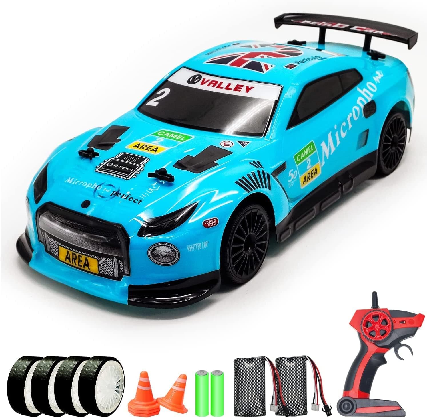 RACENT Remote Control Drift Car 2.4Ghz 1:14 Scale RC Sport Racing Cars for Adults Kids Boys Gifts 4WD RTR High Speed RC Vehicle with LED Lights, All Batteries and Drifting Wheels + Racing Wheels(Blue)