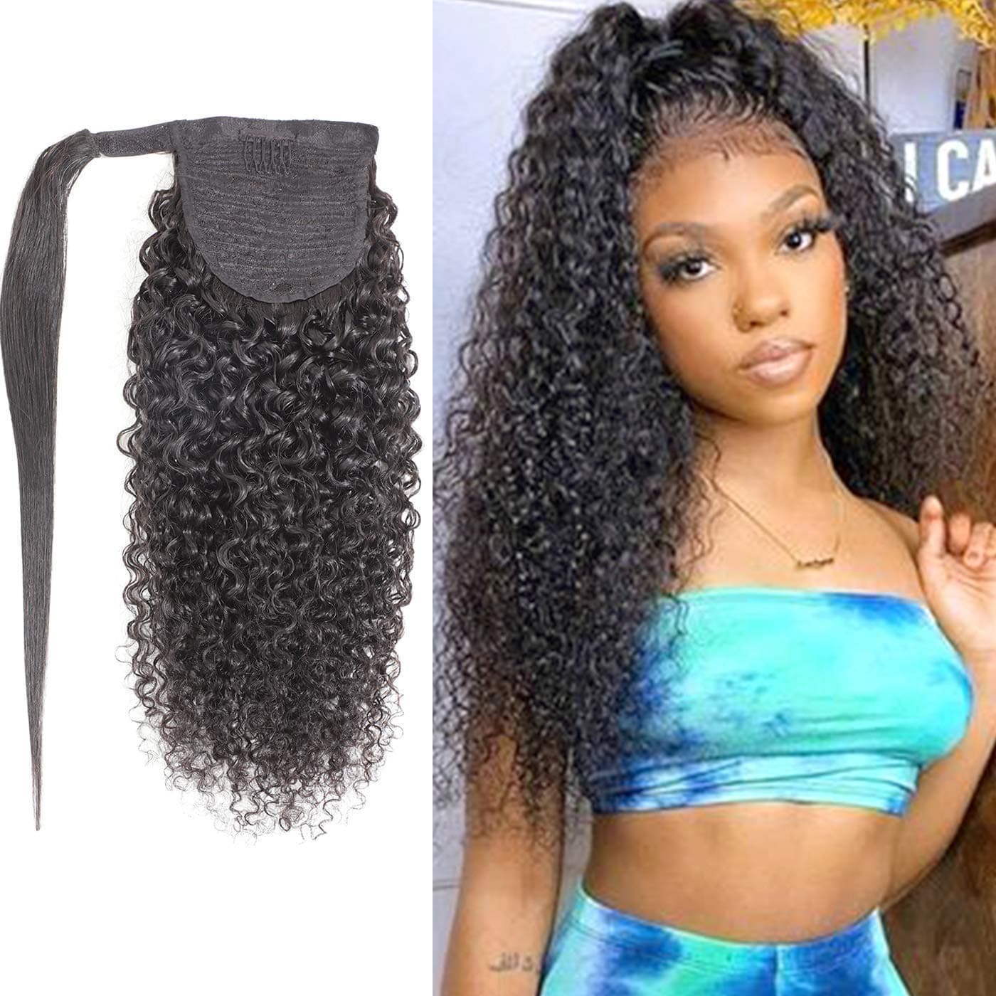 Feelgrace 3C Kinky Curly Ponytail Hair Extension Clip in Wrap Around Afro Curly Ponytail Hair Extension Brazilian Remy Ponytail Hairpiece Natural Black 130 Gram Full Hair Ponytail 18 Inch