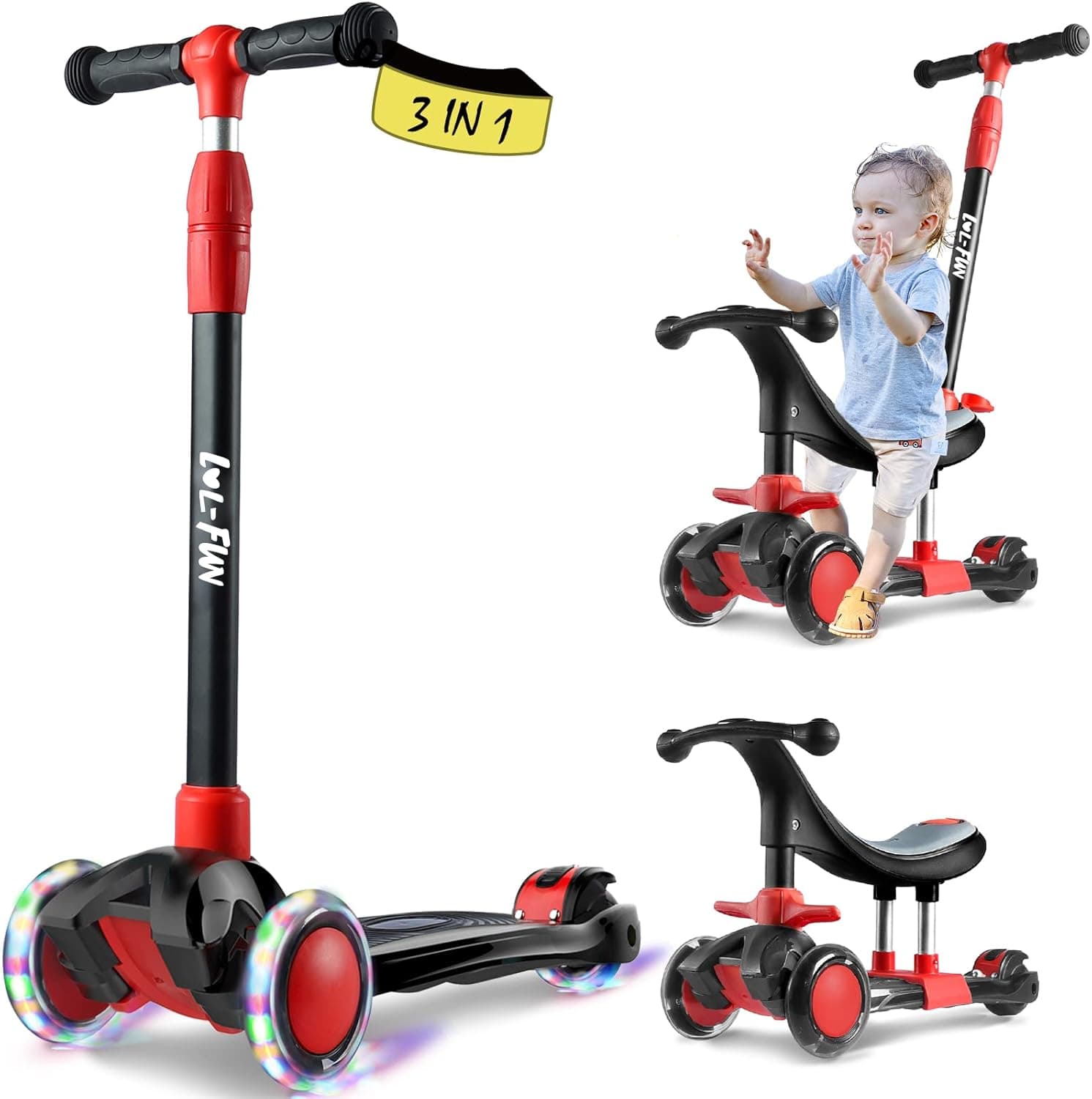 LOL-FUN Scooter for Kids Ages 2-5 Boy Girl Toys 2 Year Old Gift, 3 in 1 Toddler Scooter 3 Wheels Balance Bike & Push car for Age 1+, 4 Adjustable Height and Lean-to-Steer