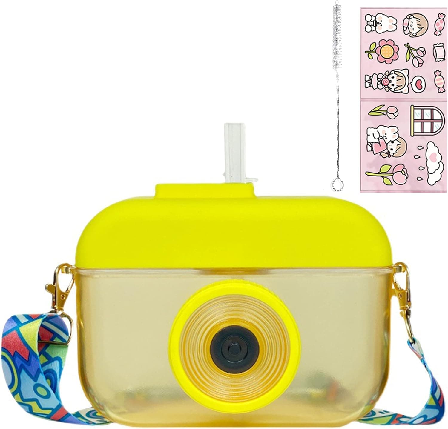 seelucky Camera Bottle Travel Cup with Straw Birthday Party Gift Ice Drinking Water Bottle Mug with Strap Picnic (camera yellow, 400 ml)