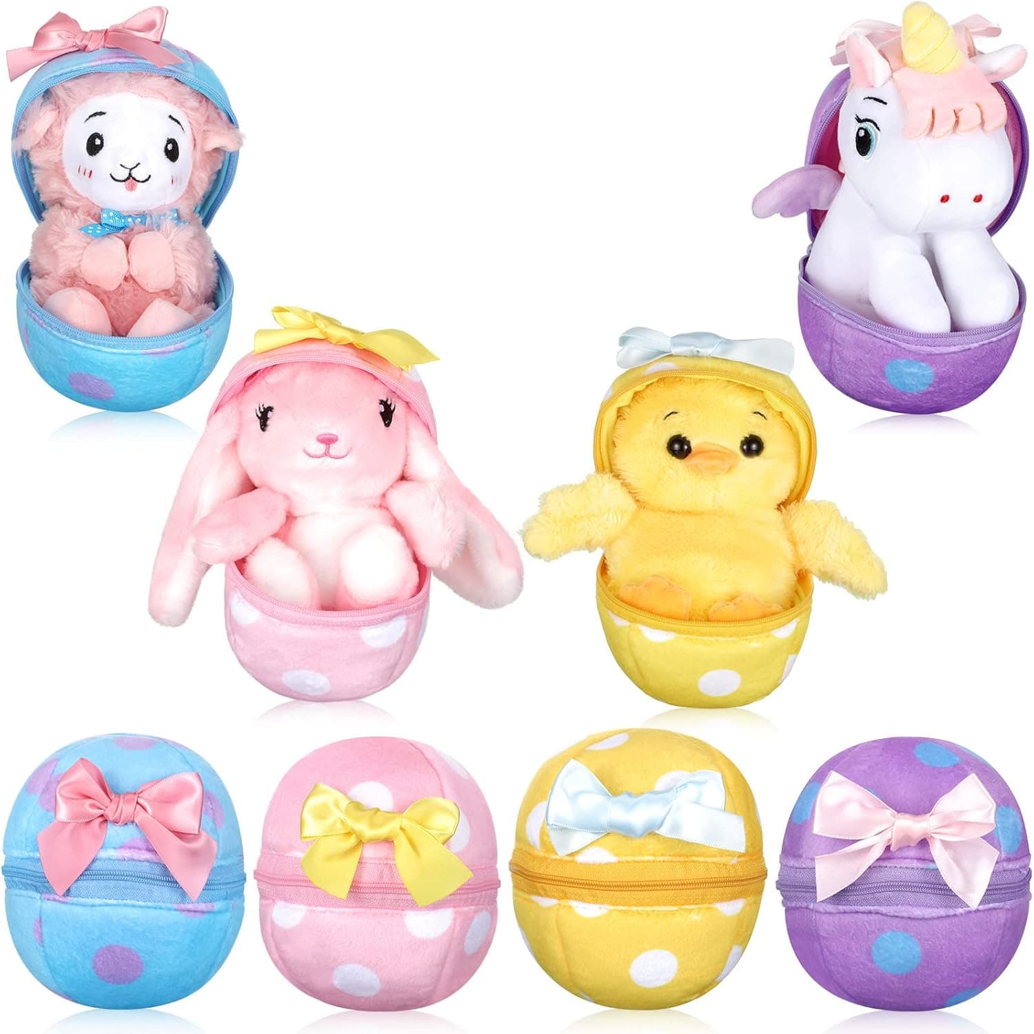 4 Packs Easter Egg Plush Stuffed Animal 6 Inches Surprise Plush Eggs with Llama Unicorn Chick Rabbit Inside for Boys and Girls Birthday Mother's Day Easter Spring Party Favor School Presents Exchange
