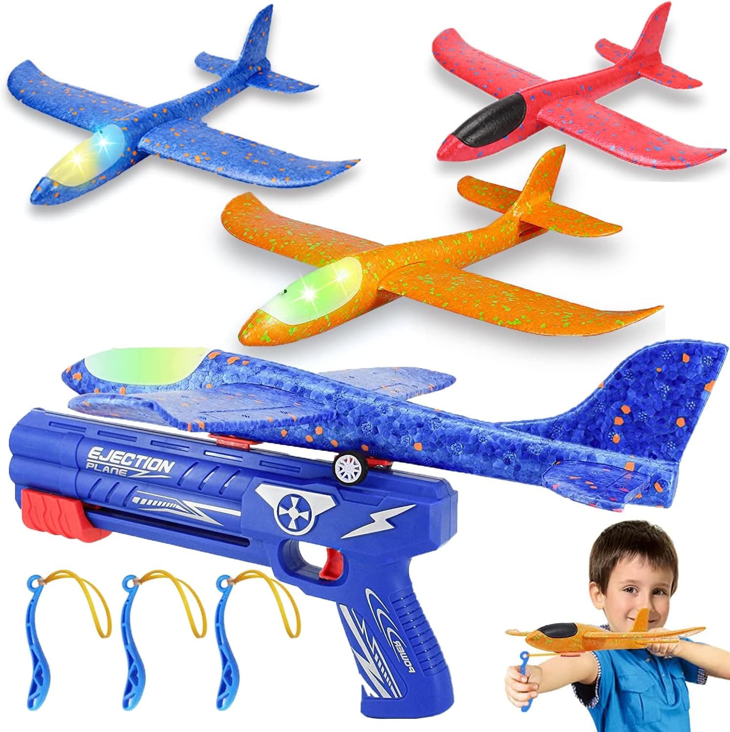 3 Pack Airplane Launcher Toy, 13.3" LED Light Foam Glider Led Plane, Flight Mode Catapult AirplaneAirplane Gun Launcher Toys, Outside Flying Toys Gifts for 4 5 6 7 8 9 10 11 12 Year Old Boys Girls