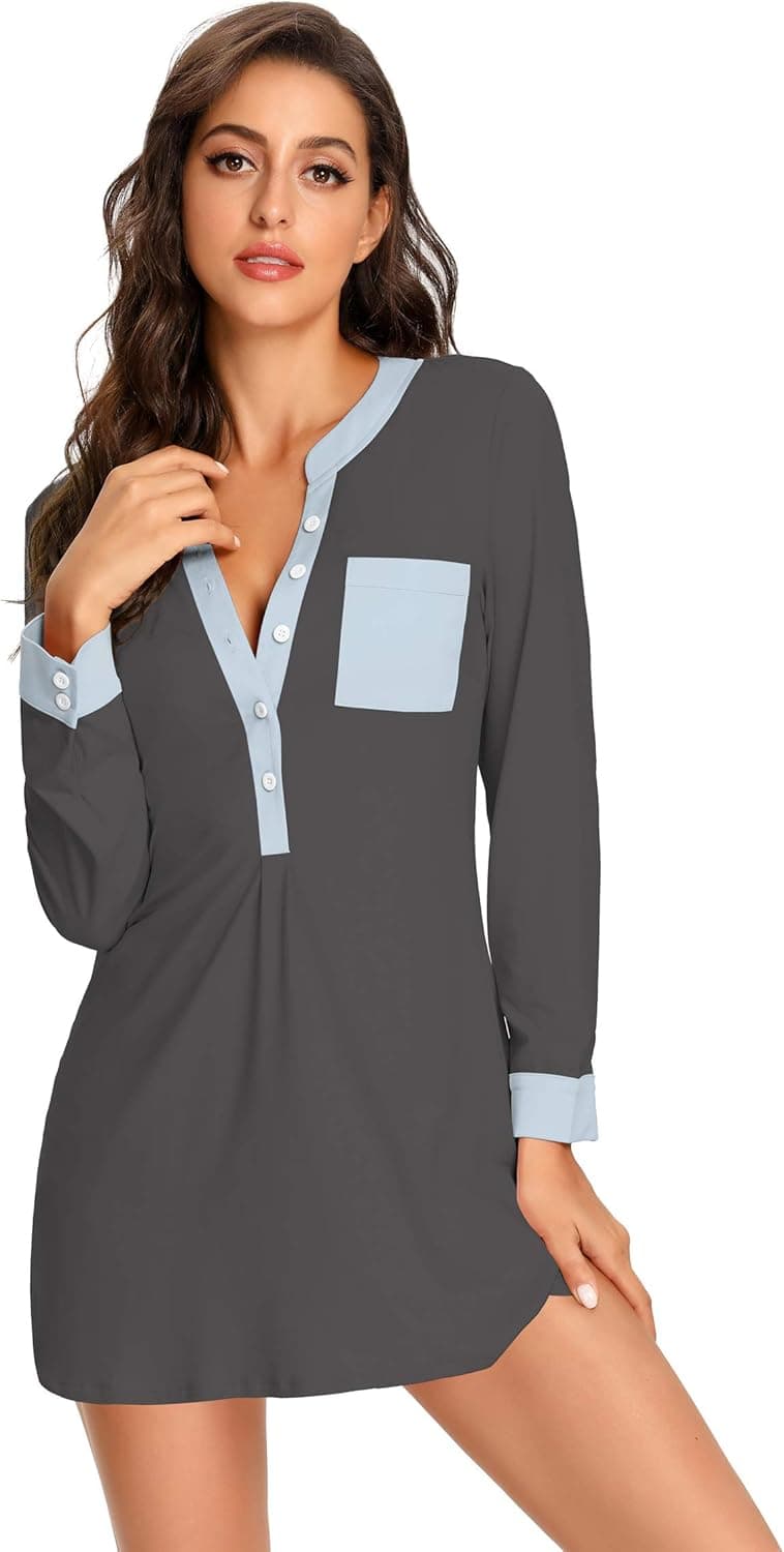uideazone Women's Nightgown Long Sleeve Button Down Nightshirt V-Neck Sleepwear Pajama Dress