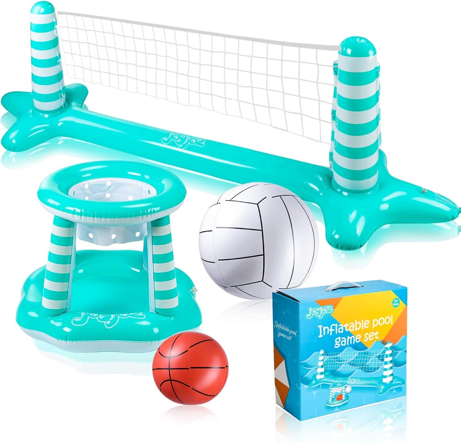 Joyjoz Inflatable Pool Float Set, Pool Volleyball Set Include Volleyball Rack, Volleyball, Basketball Hoop and Ball, Floating Swimming Pool Toy Pool Games Pool Accessories for Kids and Adults