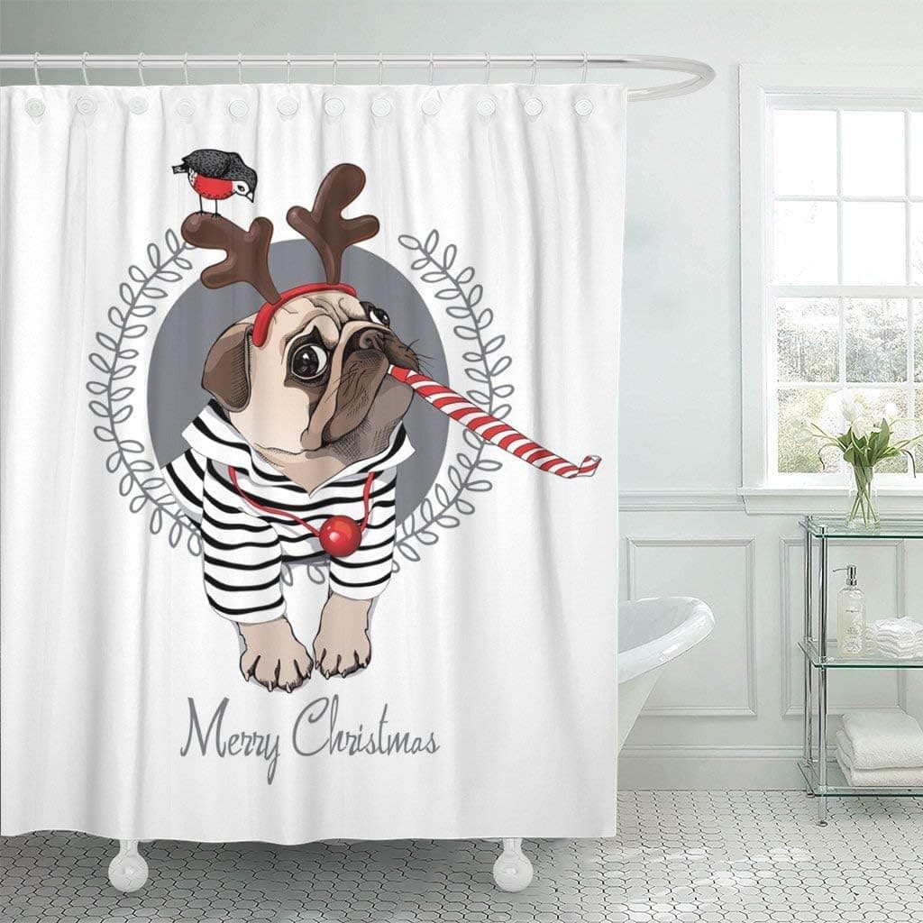 PAUSEBOLL Christmas Pug Dog in Striped Cardigan Horn Deer Mask Shower Curtain Bathroom with Hooks,Waterproof Polyester Curtain