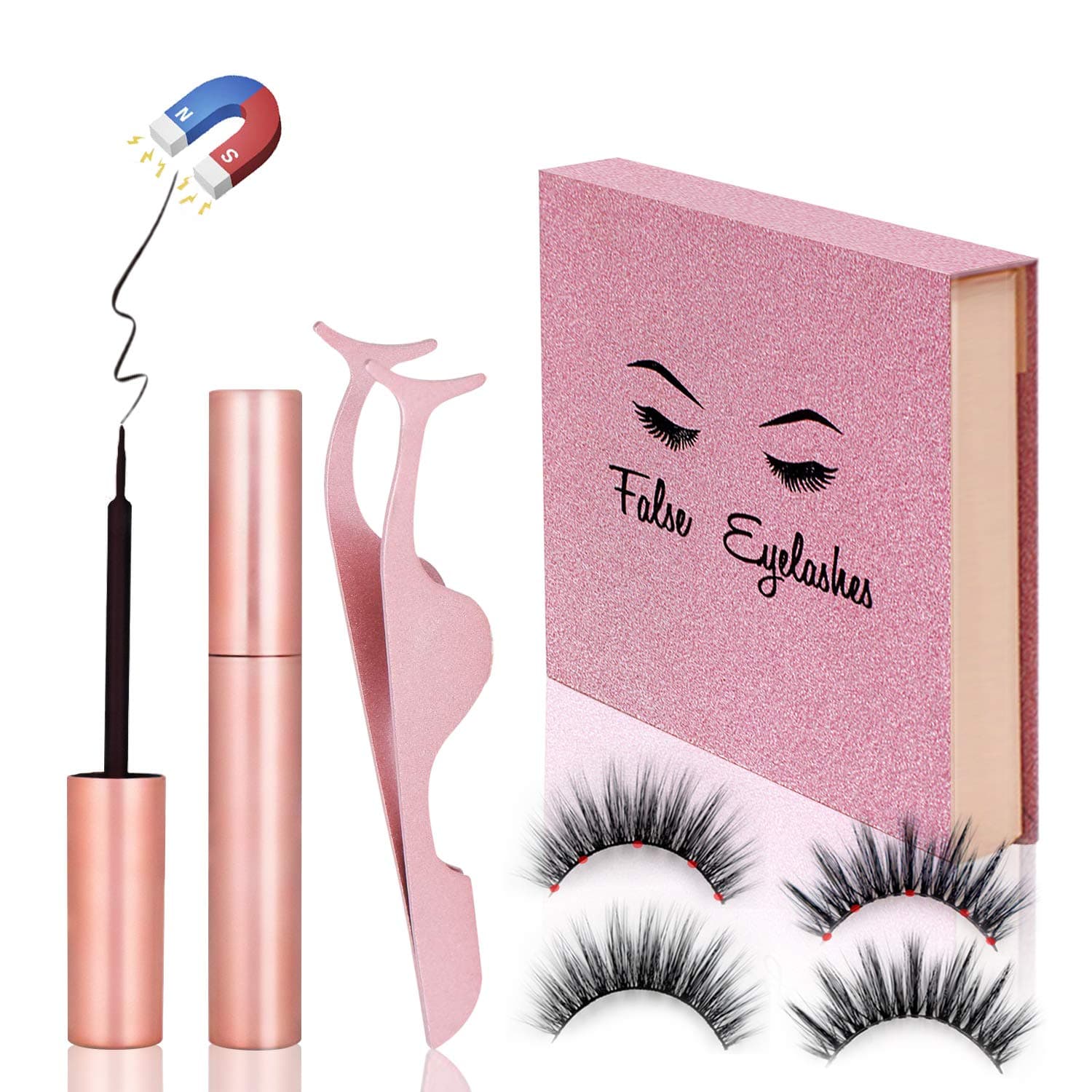 Magnetic Eyelashes Stylish Kit, Rabiota 5 Magnets Handmade Design 2 pairs of Magnetic False Eyelashes with Magnetic Liquid Eyeliner and Tweezers，Easy-wearing and Reusable Eyelashes