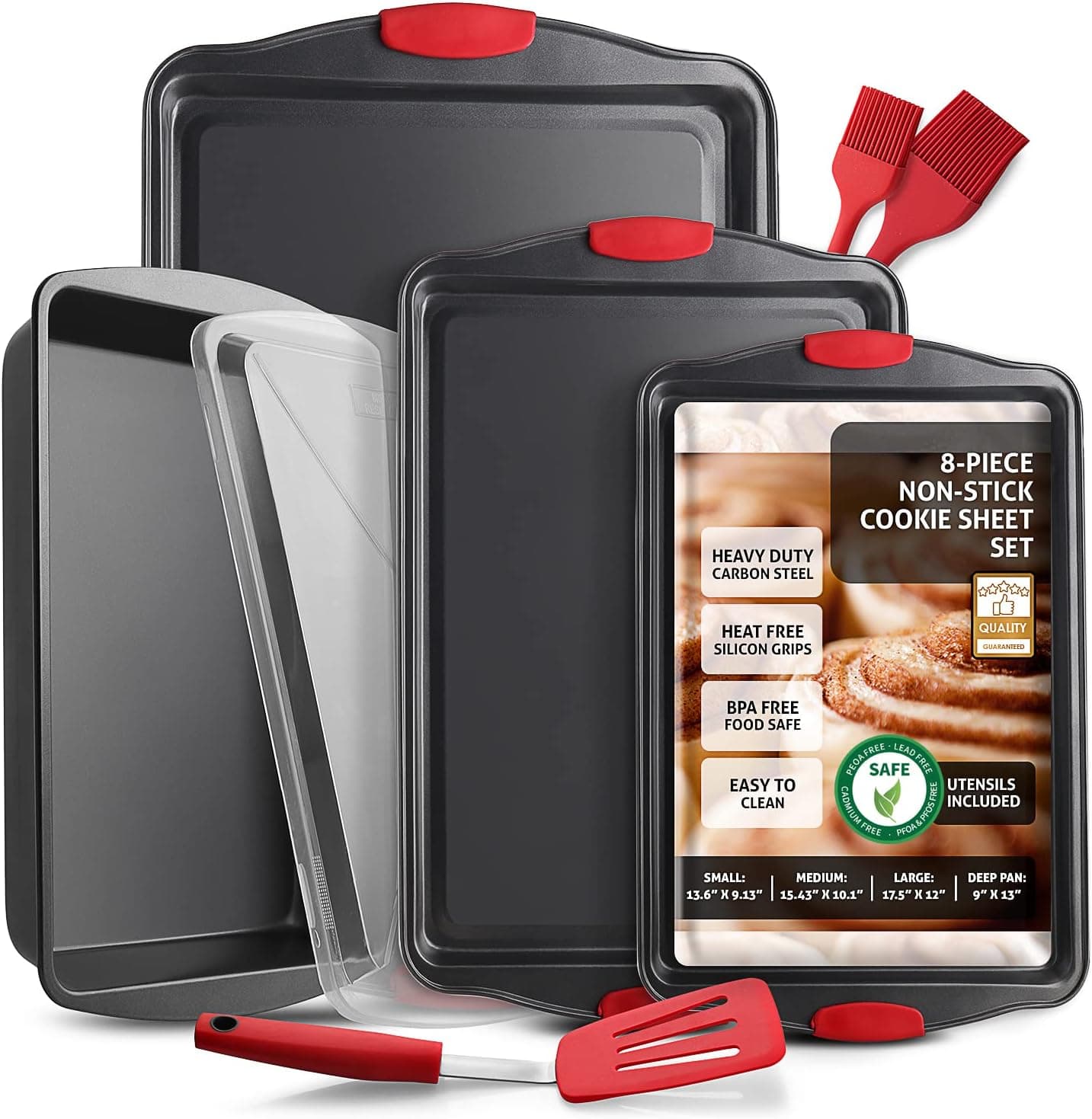 Baking Sheet Set, 8-Piece Cookie Sheet Set with Silicone Handles, Steel Baking Pan, Durable Baking Sheets for Oven, BPA Free Cookie Sheets for Baking Nonstick Set, Premium Sheet Pan, Black Baking Tray