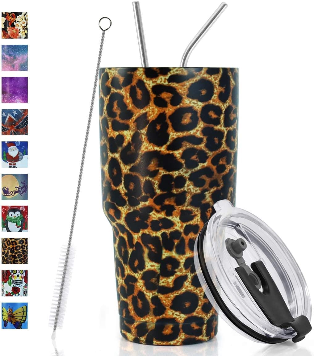 SYACOT 30oz Tumbler Double Wall Stainless Steel Vacuum Insulated Travel Mug with Splash-Proof Lid Metal Straw and Brush (Leopard)