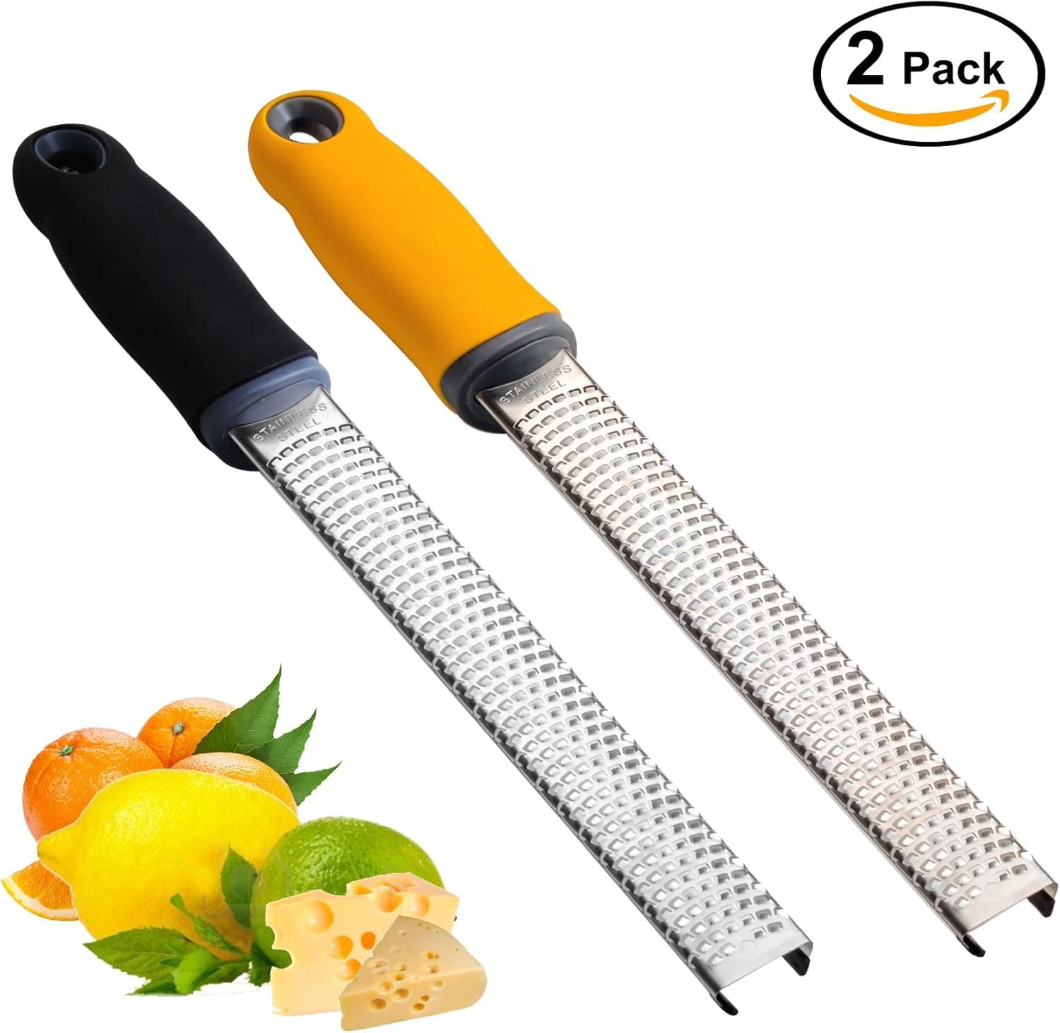 Cheese Grater, Lemon Zester, Multipurpose Kitchen Tool - Stainless Steel Blade for Citrus, Lime, Potato, Parmesan Cheese, Chocolate, Garlic, Nutmeg, Ginger, Coconut, Carrot with Plastic Cover (Pack 2)