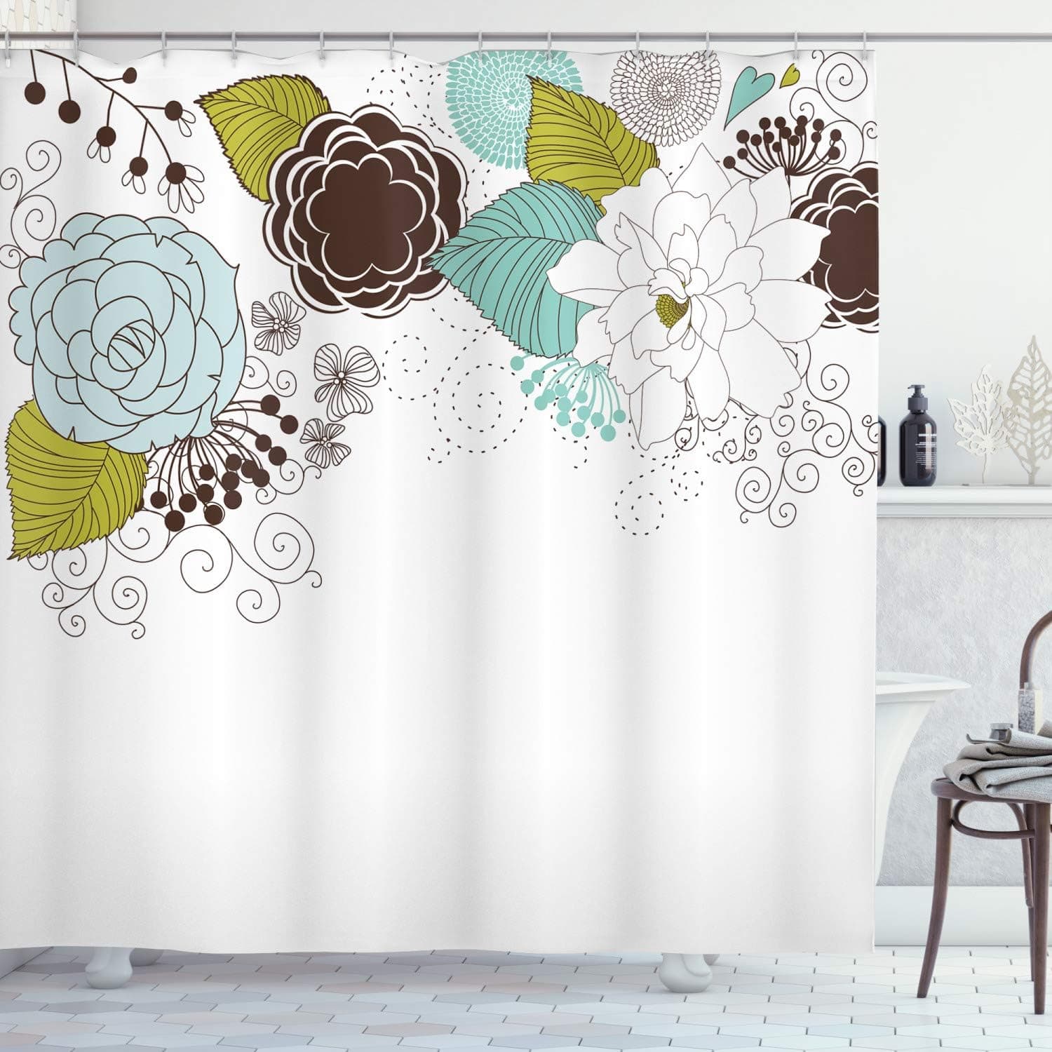 Ambesonne Spring Shower Curtain, Ornamental Florets Blooms Romantic with Leaves Beauty Design, Cloth Fabric Bathroom Decor Set with Hooks, 70" Long, Apple Green