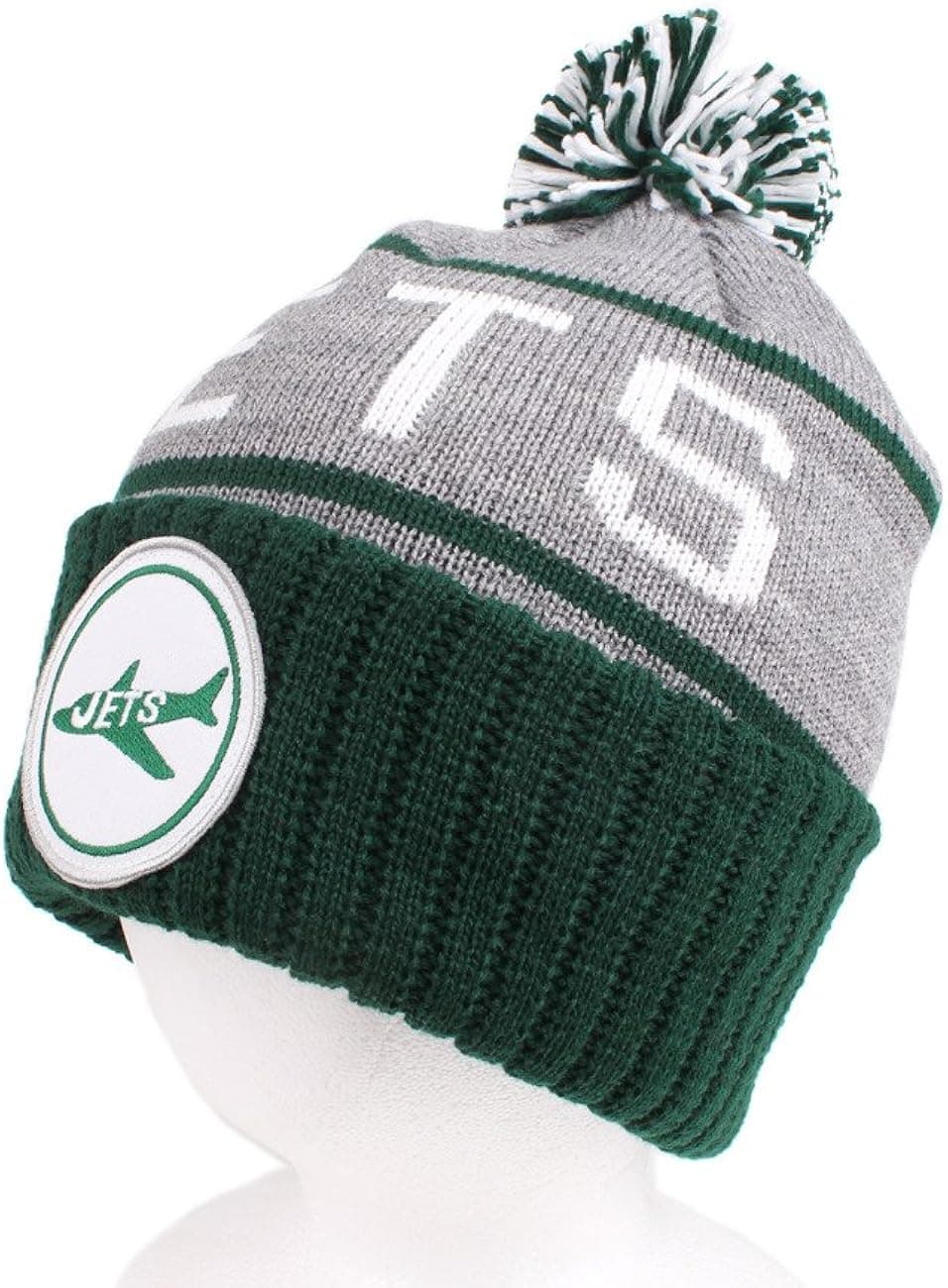 New York Jets High 5 Grey Cuffed Pom Knit Beanie Hat / Cap