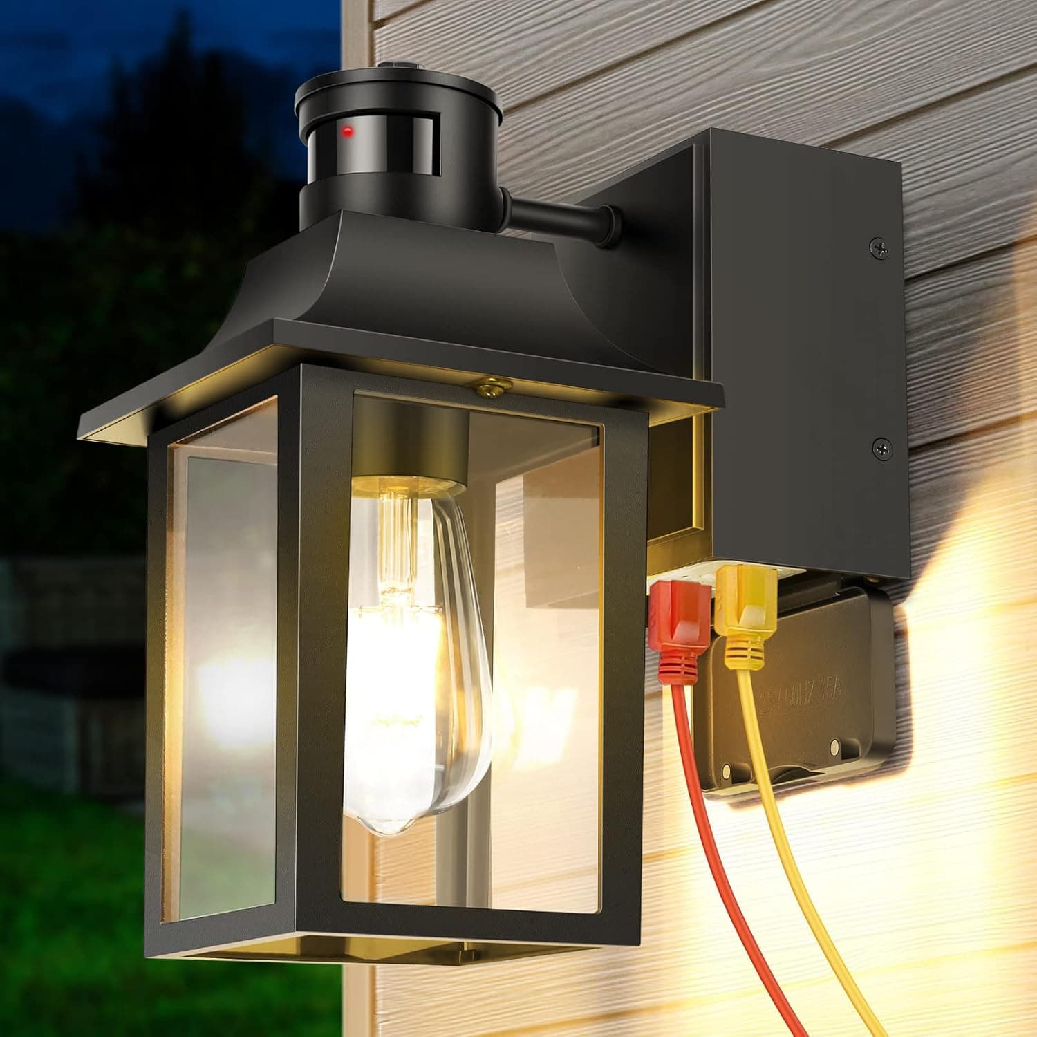 APILAB Outdoor Porch Lights with GFCI Outlet - Dusk to Dawn Motion Sensor Outdoor Light Fixture - 3 Lighting Modes Exterior Wall Sconce Waterproof Anti-Rust Outside Lights for House Patio Garage
