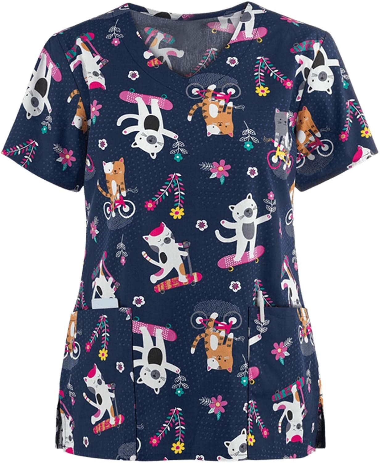 Print Nursing Uniforms for Women,Breathable Patterned Criss Cross V-Neck Plus Size Shirts Tee Tops with Pockets