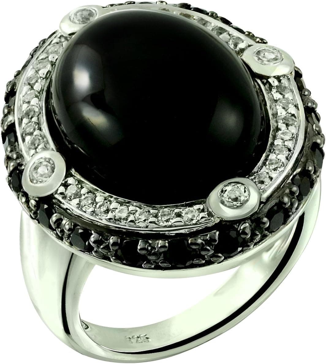 18.45 Carats Black Onyx with White Topaz Rhodium-Plated 925 Sterling Silver Statement Ring