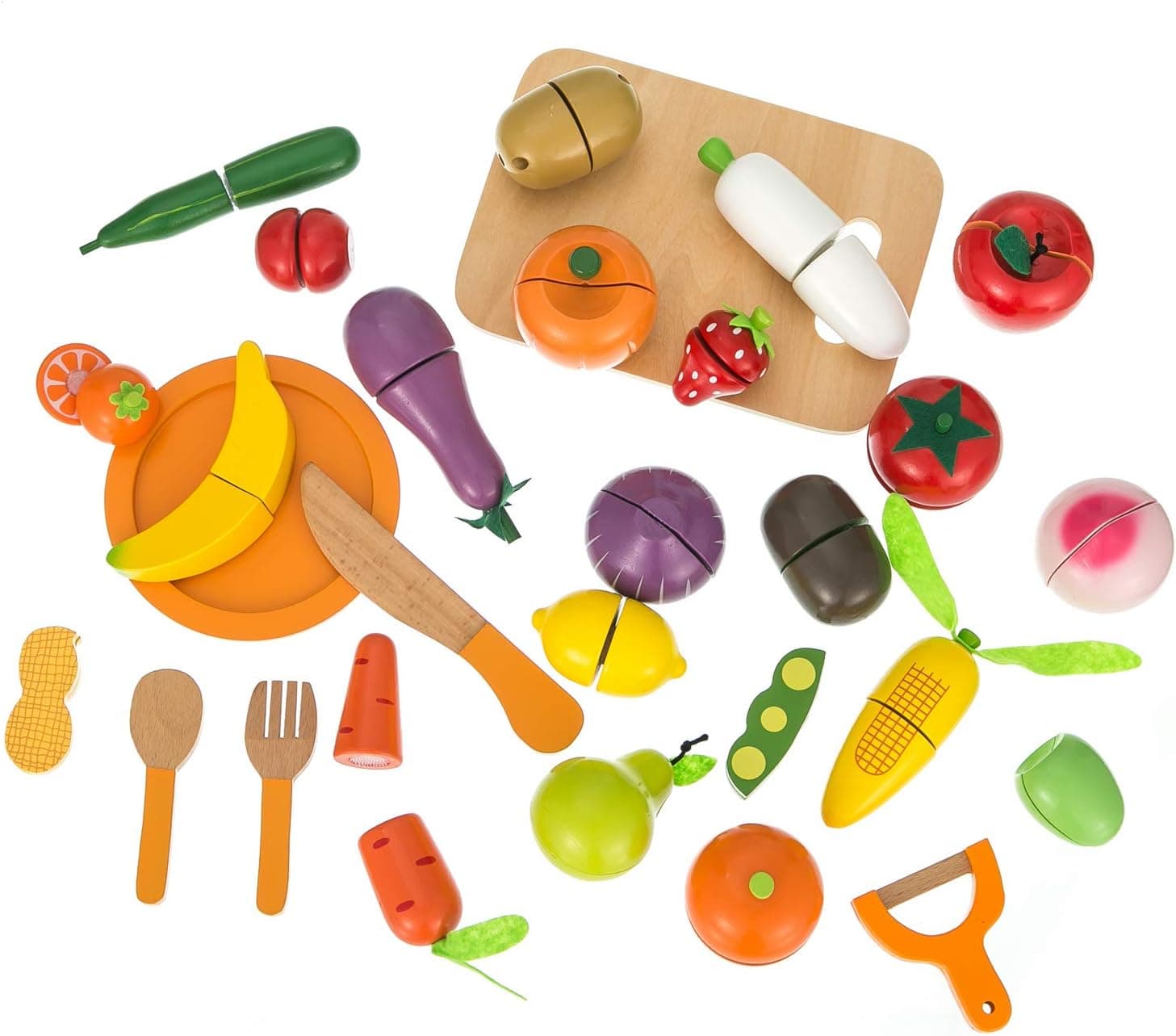 RUYU Wooden Cutting Food - Play Food Set with 28+ Hand-Painted Pieces, Knife, Fork, Spoon ,Cutting Board and Storage Sack, Self-Stick Tabs ,Pretend Food Play Kitchen Toys for Toddlers, Boys & Girls