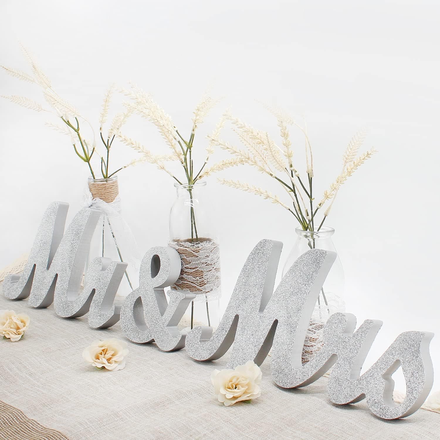 YEHLIABO Wooden Mr and Mrs Letter, Classical Mr. & Mrs Wedding Sign for Wedding Table, Large Wooden Letters for Sweetheart Table, Photo Props Wedding Decorations for Anniversary (Silver, Large)