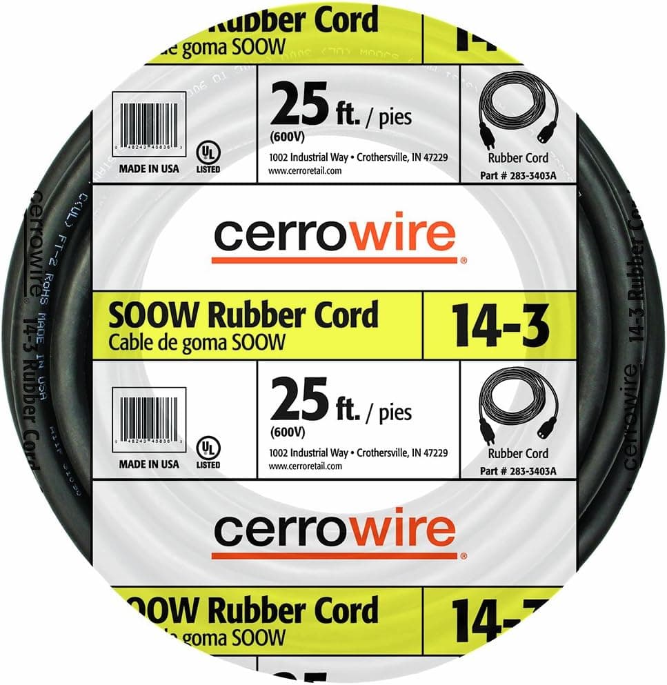 Cerrowire 283-3403A 25-Feet 14/3 SOOW Rubber Flexible Extra Heavy Duty Cord, Black