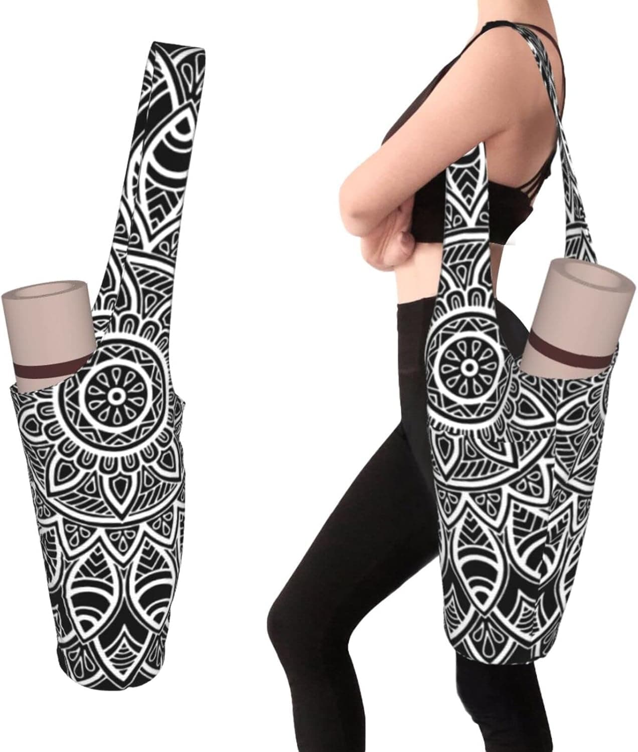 Yoga Mat Bag With Strap Yoga Mat Tote Carrier Bag For Women Yoga Mat Holder With Pockets Fits Most Size Mats (Black And White Mandala)