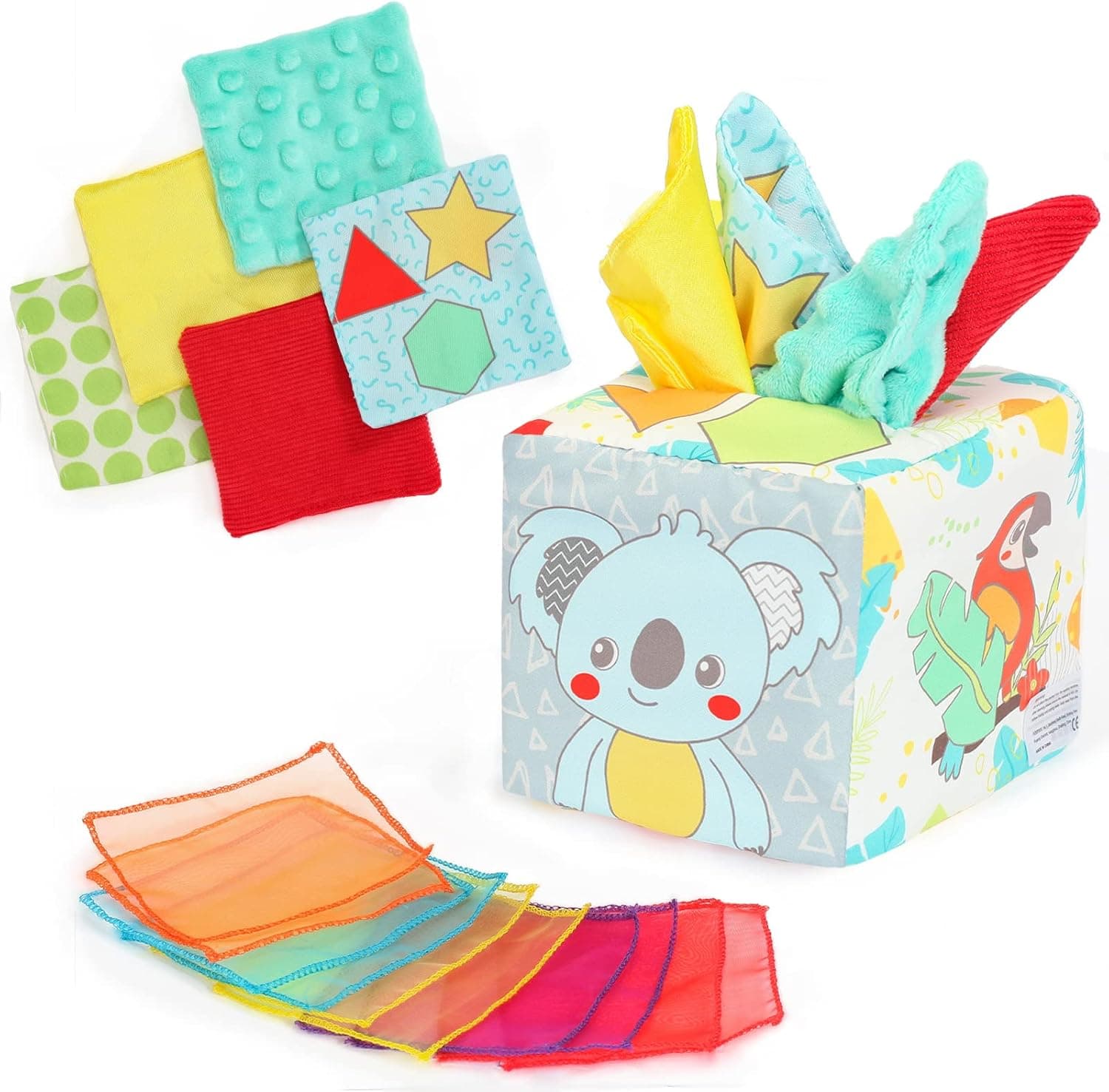 Frogprin Baby Tissue Box Toy, Montessori Toy for Babies 6-12 Months, Pull Along Magic Sensory Toys with 10 Silk Scarves & 4 Stuffed Tissues & 1 Crinkle Paper for Babies, Newborns, Toddlers and Infants