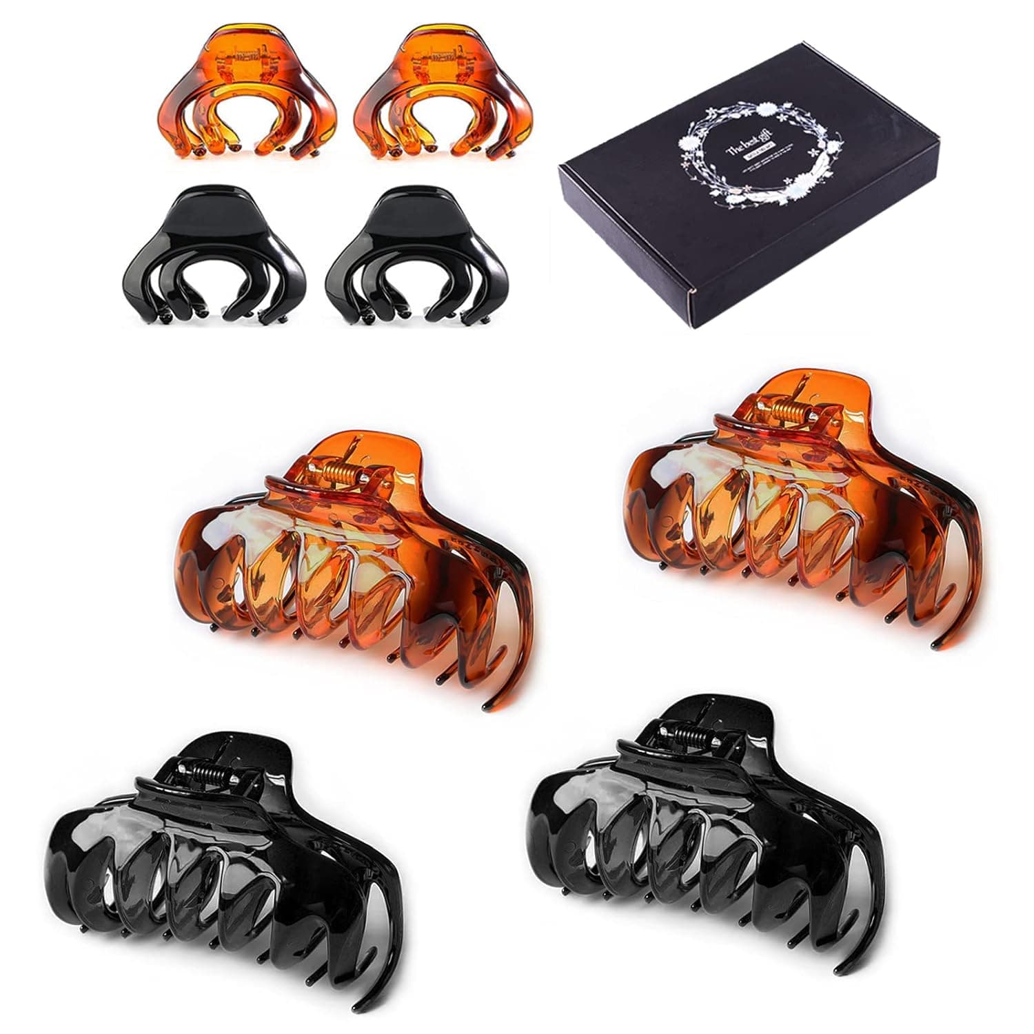 Hair Claw Clips,4 Pcs Nonslip Large Claw Clips Banana Clip & 4 Pcs Small Hair Clips Octopus Clip Nonslip Spider Hair Clip for Women Girls Kids,for Thin Thick Hair. (Black Amber)