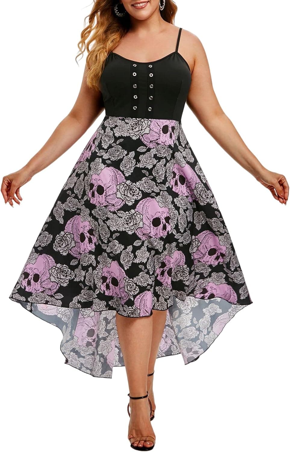 ROSE GAL Grommet High Low Floral Skull Halloween Plus Size Dress Purple