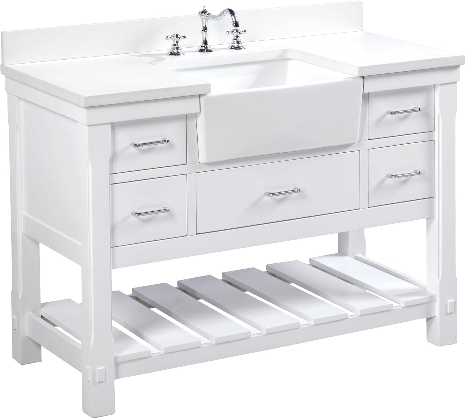 Charlotte 48-inch Bathroom Vanity (Quartz/White): Includes a White Quartz Countertop, White Cabinet with Soft Close Drawers, and White Ceramic Farmhouse Apron Sink