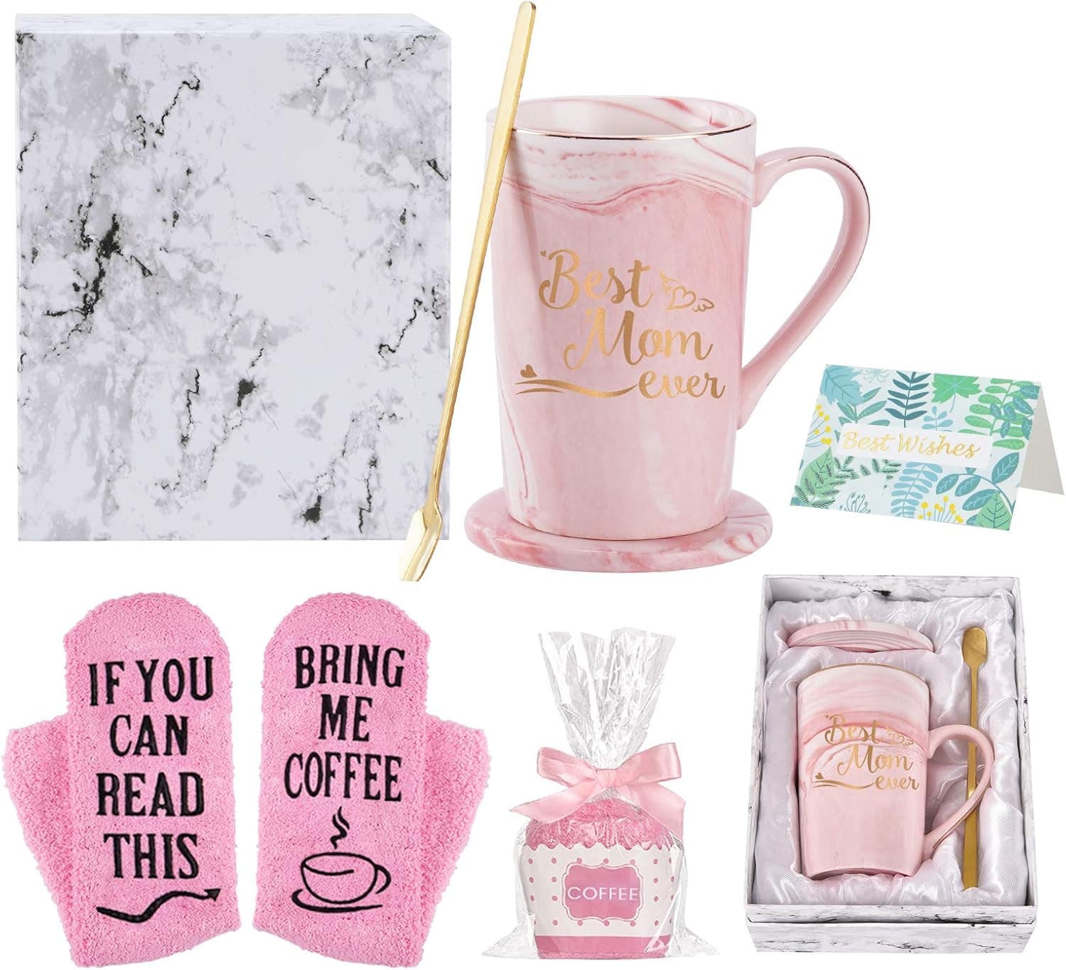 YHRJWN Best Mom Ever Coffee Mug for Mom Mother Mothers Day Mom Mug from Daughter Son Mom Coffee Mug 14 Oz Pink Marble Mug with Exquisite Box Spoon Coaster Sock Gift Card