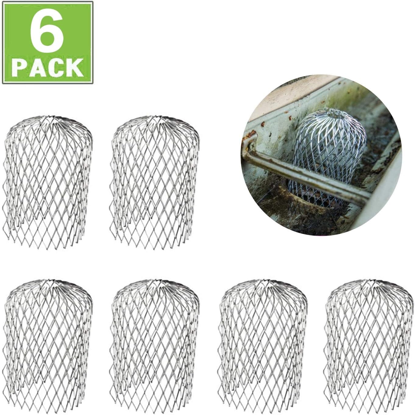 Eau 6 Pcs of Gutter Guard 3 Inch Expand Aluminum Filter Strainers, Downspout Protectors Stops Blockage Leaves Debris.