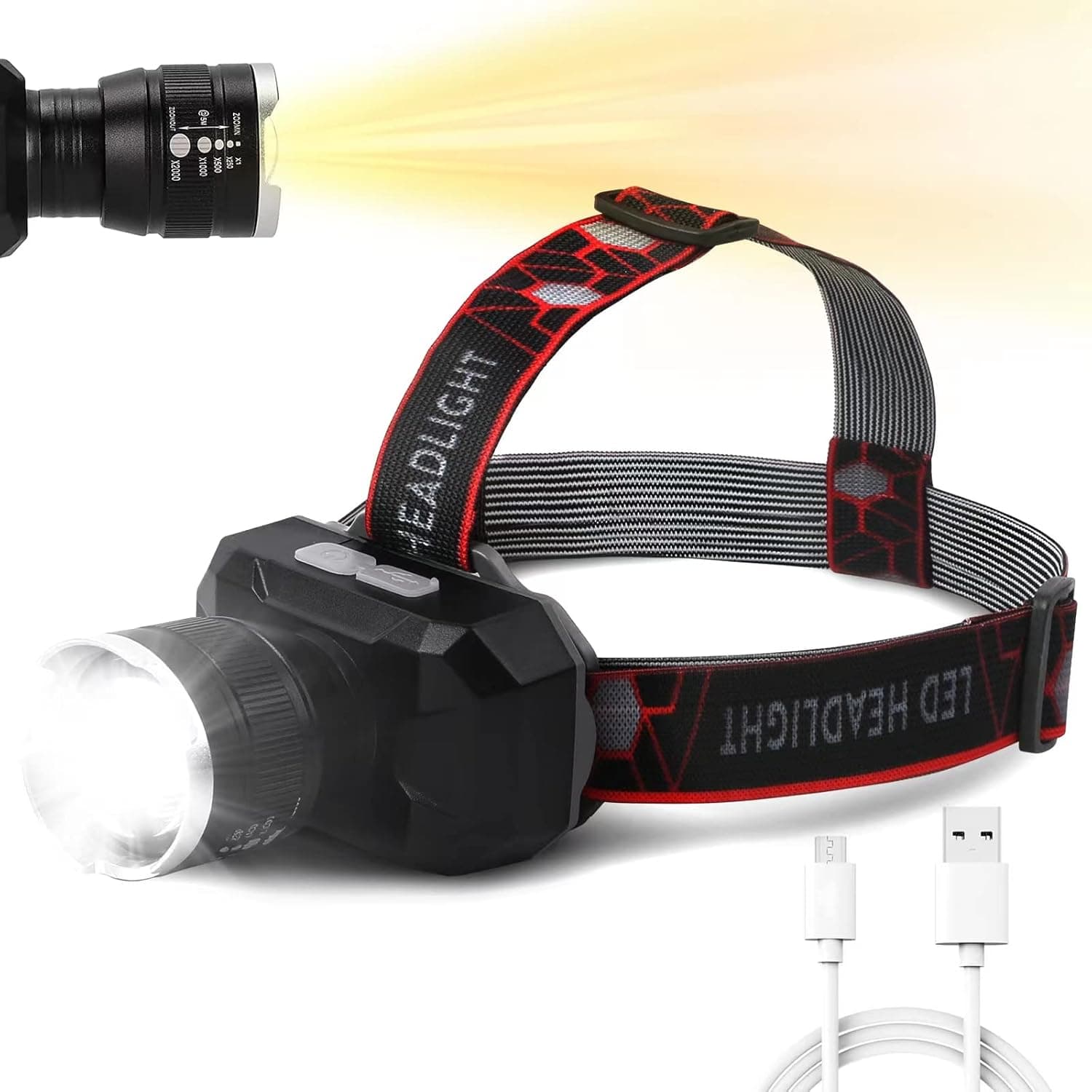 LED Rechargeable Headlamp, Super Bright Dual-Color Head Lights w/ 8 Modes, 90° Adjustable Zoom Work Light, IPX5 Outdoor Camera Flashlight for Running, Fishing, Hiking, Camping Accessories-XHP50