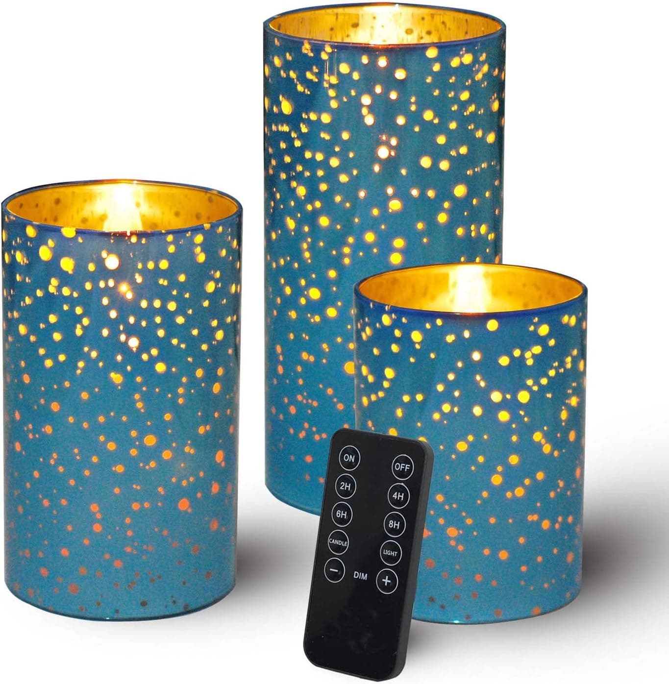 LIVILLA Blue Glass Flameless Candles with Remote & Timer, Led Flameless Candles, Battery Operated Flameless Pillar Glass Candles