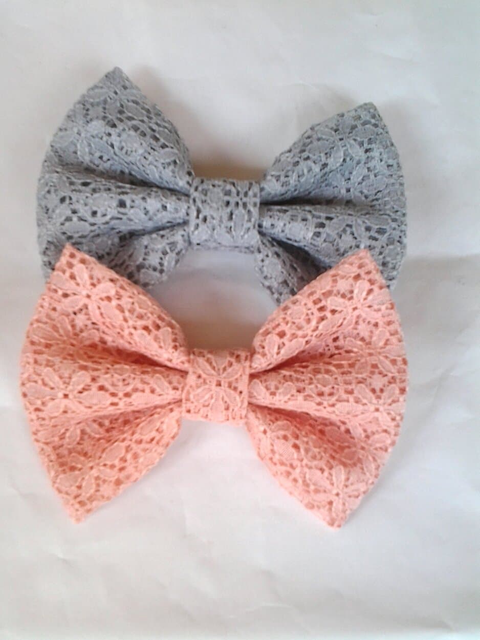 SET OF 2- GRAY LACE AND PEACH LACE SMALL BOW HAIR CLIPS