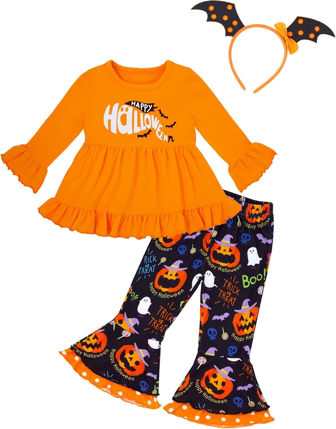 Baby Girl Halloween Costumes 12-18 Months Halloween Costume Girl Long-Sleeved Dress Pumpkin Flare Pants Demon Wings Hair Clips 3pcs Set