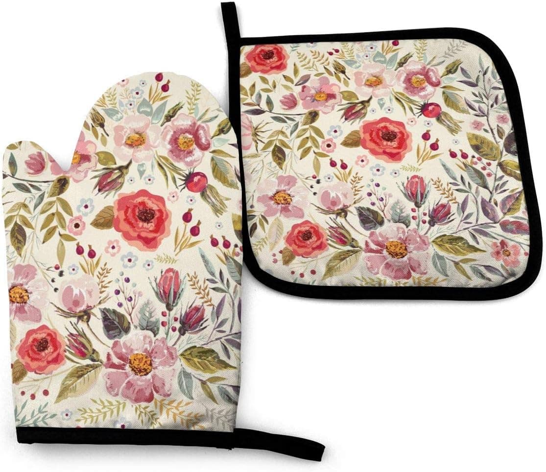 Foruidea Shabby Form Flowers Roses Petals Dots Leaves Buds Spring Oven Mitts and Pot Holders Sets Kitchen Heat Resistant Oven Gloves for BBQ Cooking Baking,Grilling,Machine Washable (2-Piece Sets)