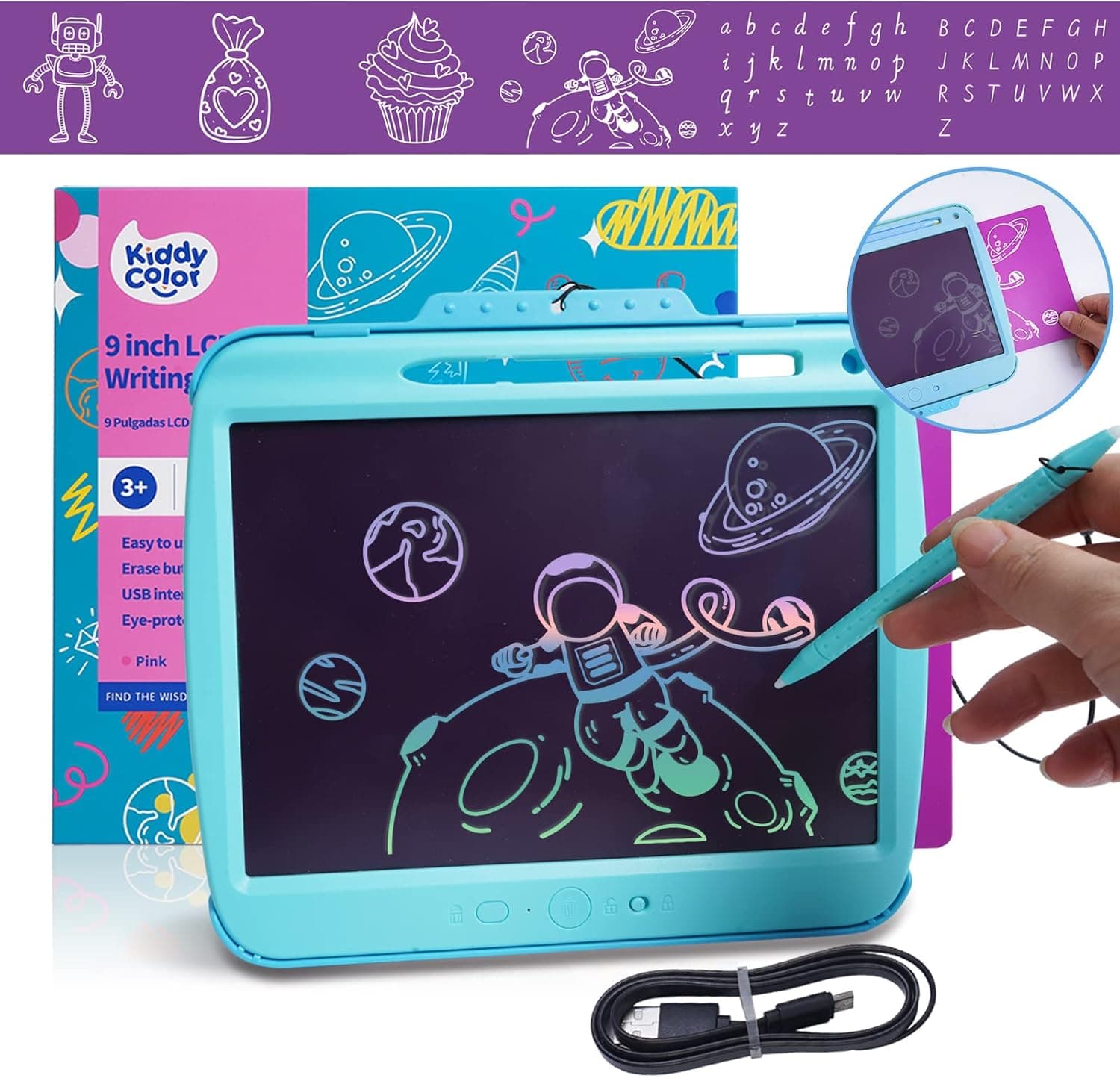 LCD Writing Tablelet for Kids, KIDDYCOLOR 9 Inch Colorful Toddler Doodle Board Drawing Tablet with 4 Painting Templates, USB Rechargeable Writing Board for Boys and Girls Age 3 - 8(Blue)
