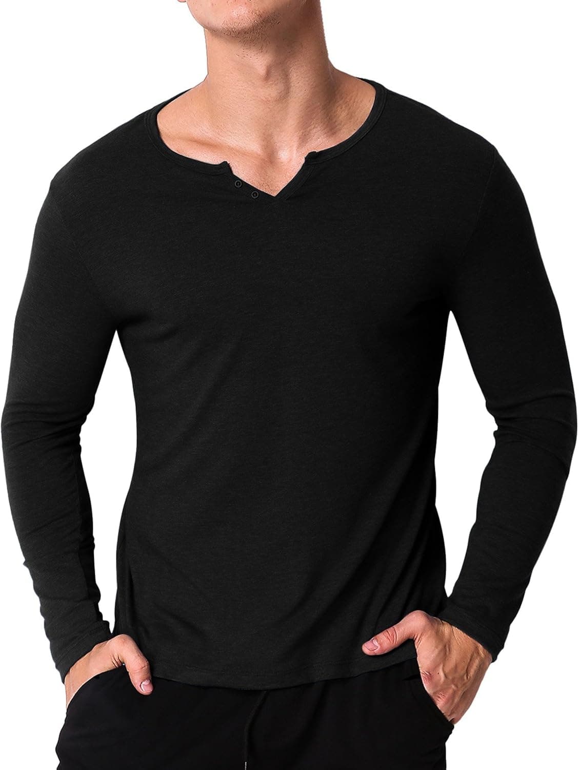 MODCHOK Men's Casual Henley T-Shirts Long Sleeve Slim Fit V Neck Basic Undershirt Tee Tops