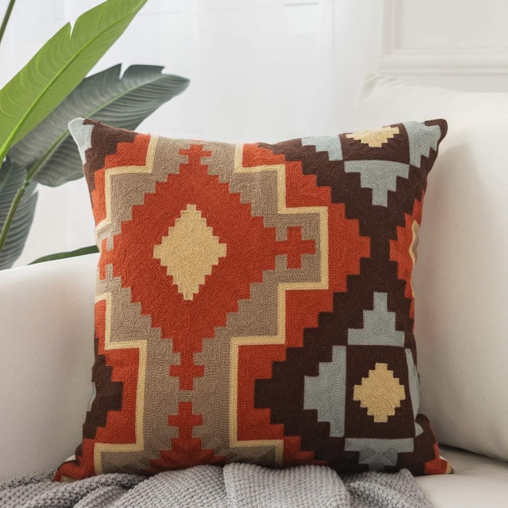 Fancy Homi 1 Packs Kilim Decorative Throw Pillow Covers, Premium Cotton Embroidery Square Cushion Cover, Accent Turkish Pillow Cover for Couch Living Room Bed 18x18 Inch/45x45cm