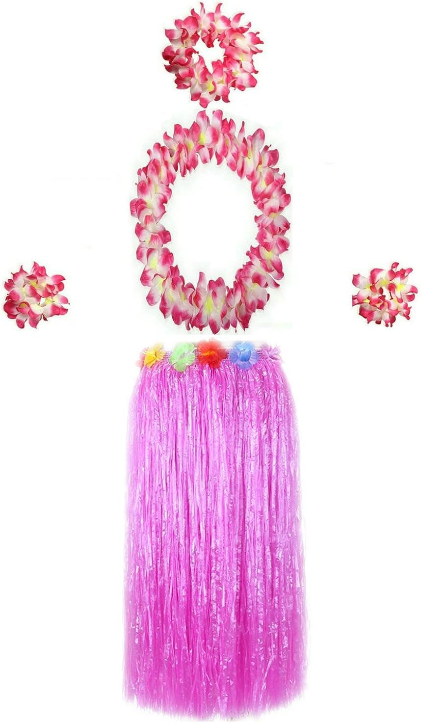 Hawaiian Luau Hula Grass Skirt with Large Flower Costume Set for Dance Performance Party Decorations Favors Supplies