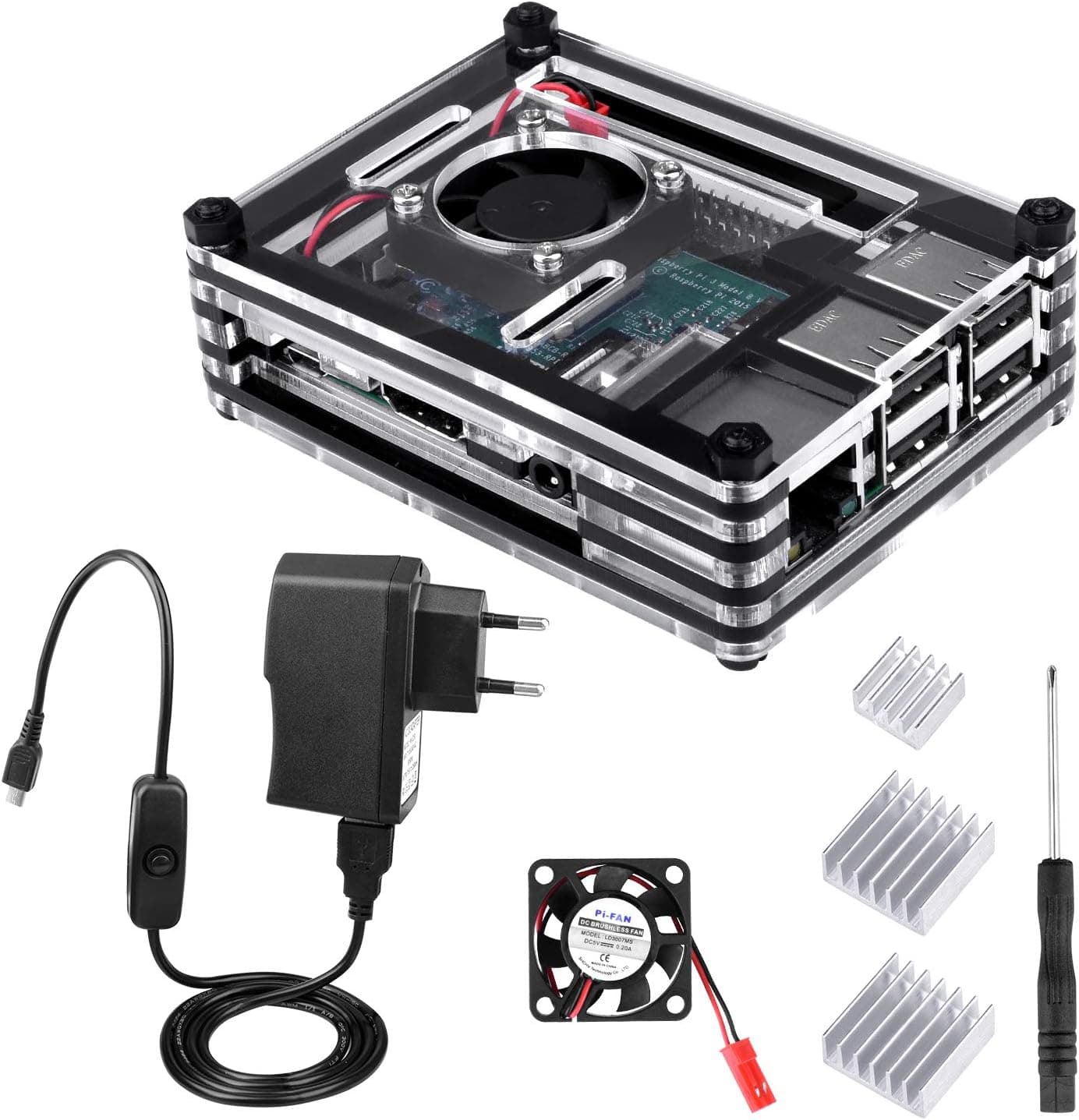 BONROB Raspberry Pi 3 B+ Case with Fan + 2.5A Power Supply + 3 Pcs Heatsinks +On/Off Switch for Raspberry Pi 1 2 3 Mobel B Pi3 B+ BS001 (BS001-US)