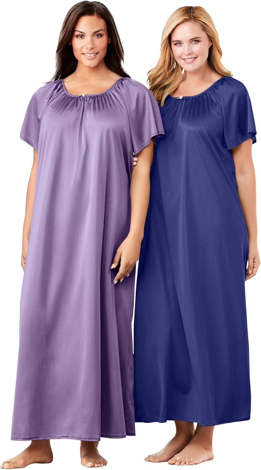 Only Necessities Women's Plus Size 2-Pack Long Silky Gown Pajamas - 6X, Ultra Blue Soft Iris Pack Purple