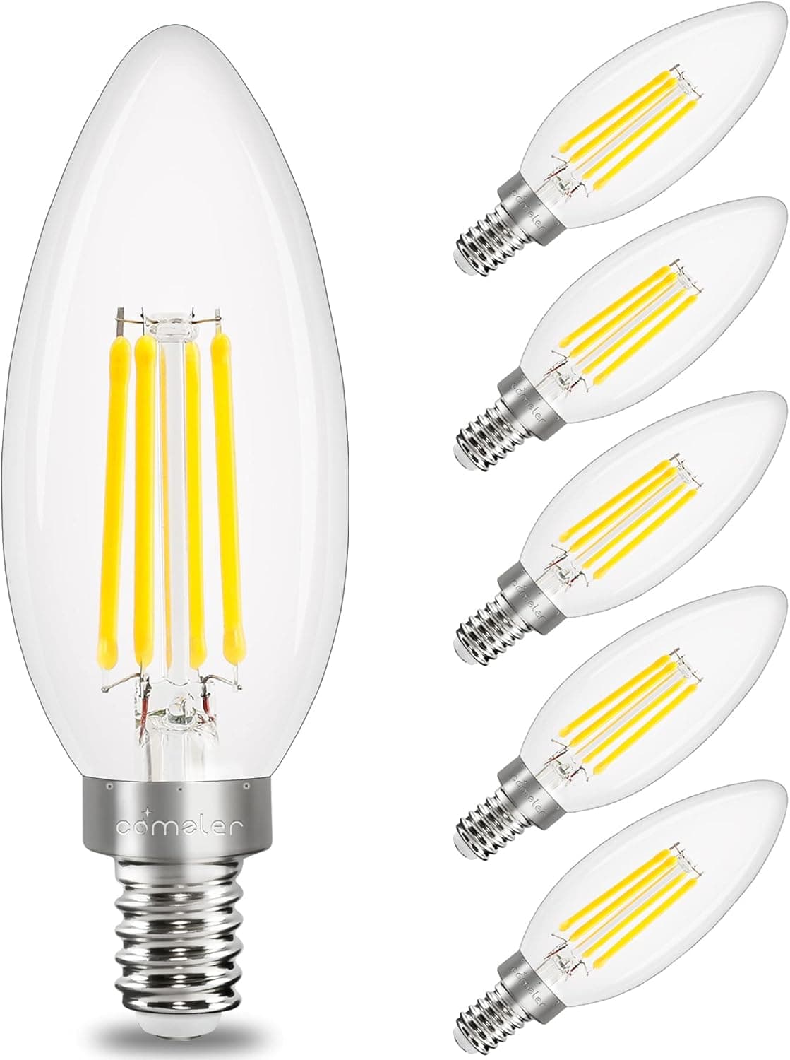 comzler E12 LED Candelabra Bulb Dimmable, Chandelier Light Bulb 2700K Warm White,40W Equivalent,Type B Ceiling Fan Bulbs,C35 B11 Edison Filament Candle Bulbs Candle Lights,400LM,Pack of 6