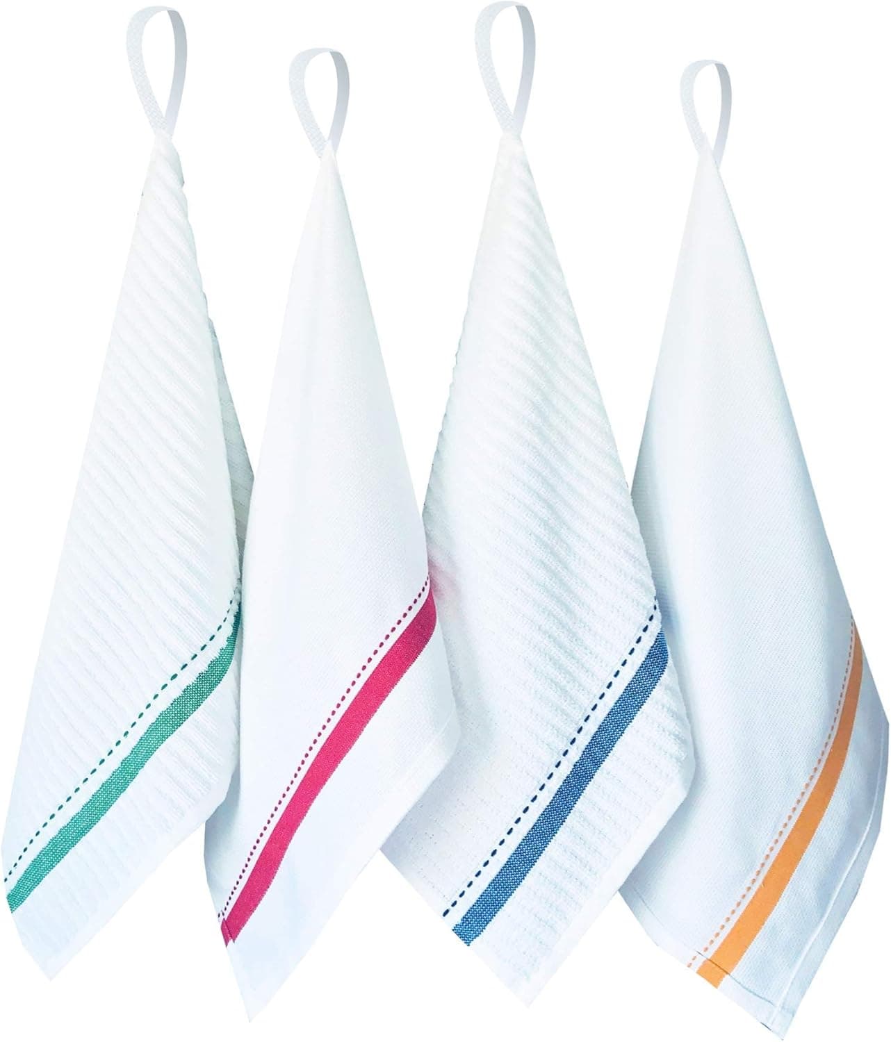 ELOMELO Kitchen Towels with Hanging Loop, Flat and Terry Cotton Dish Towels for Kitchen, Absorbent Kitchen Hand Towels Set of 4, 25x16 in White