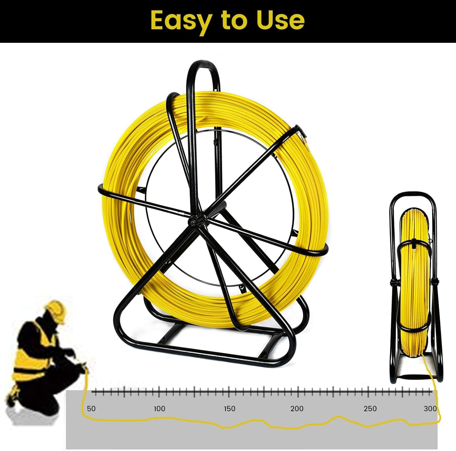 ECO-WORTHY Fish Tape Fiberglass 8MM 492FT Duct Rodder Fish Tape Continuous Fiberglass Wire Cable Running with Cage Wheel Stand(Black)