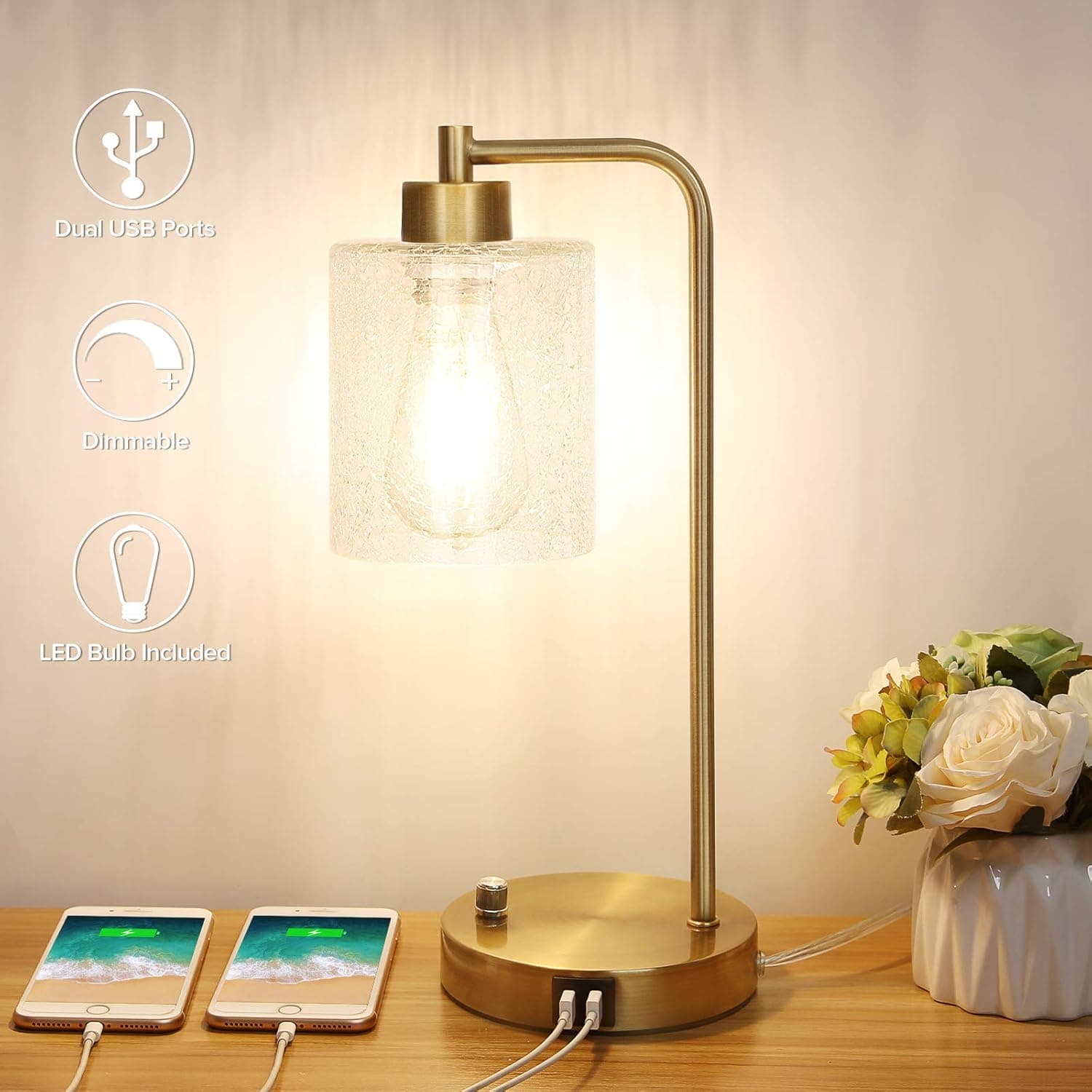 Industrial Table Lamp with Dual USB Charging Ports, Dimmable Bedside Lamp Cracked Glass Shade Minimalist Nightstand Lamp Gold Metal Base Simple End Table Lamp for Bedroom, 6W LED Vintage Bulb Included