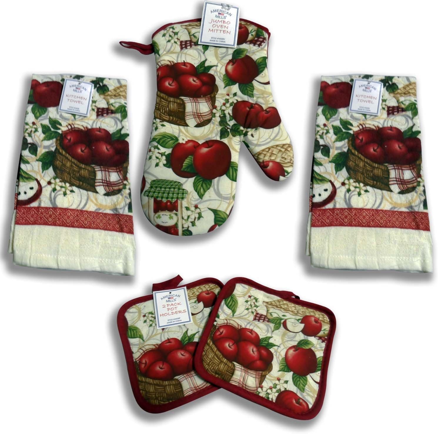 Deep Red Apple 5 Piece Kitchen Towel Set - 2 Towels, 1 Oven Mitt, 2 pot holders