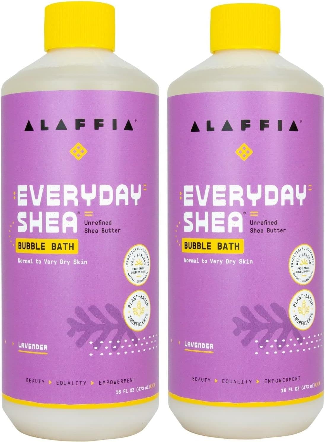Alaffia Everyday Shea Bubble Bath, Soothing Support for Deep Relaxation and Soft Moisturized Skin, Made with Fair Trade Shea Butter, Cruelty Free, No Parabens, Vegan, Lavender, 2 Pack -16 Fl Oz Ea