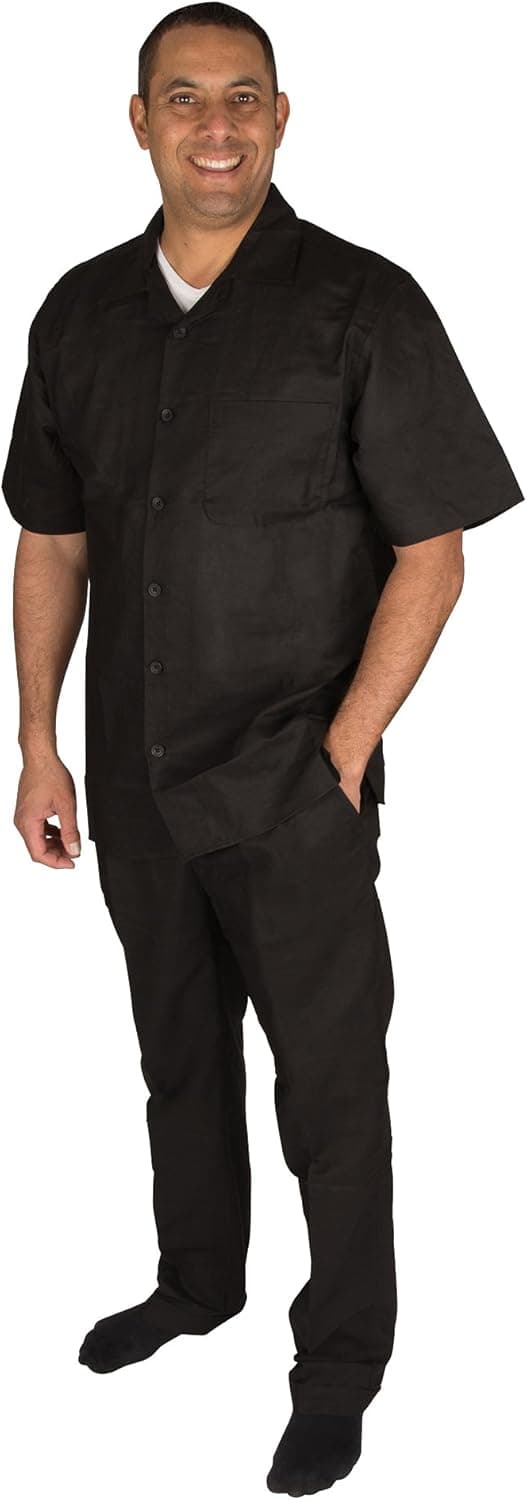 Vittorino Men's 100% Linen 2 Piece Walking Set with Long Pants and Short Sleeve Shirt, Black, XX-Large 42-33
