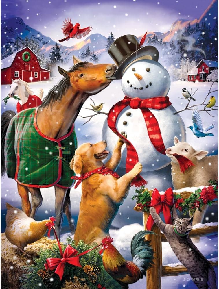 Bits and Pieces - 500 Piece Jigsaw Puzzle for Adults - Christmas Barn Snowman - 500 pc Animal Winter Scene Jigsaw by Artist Larry Jones