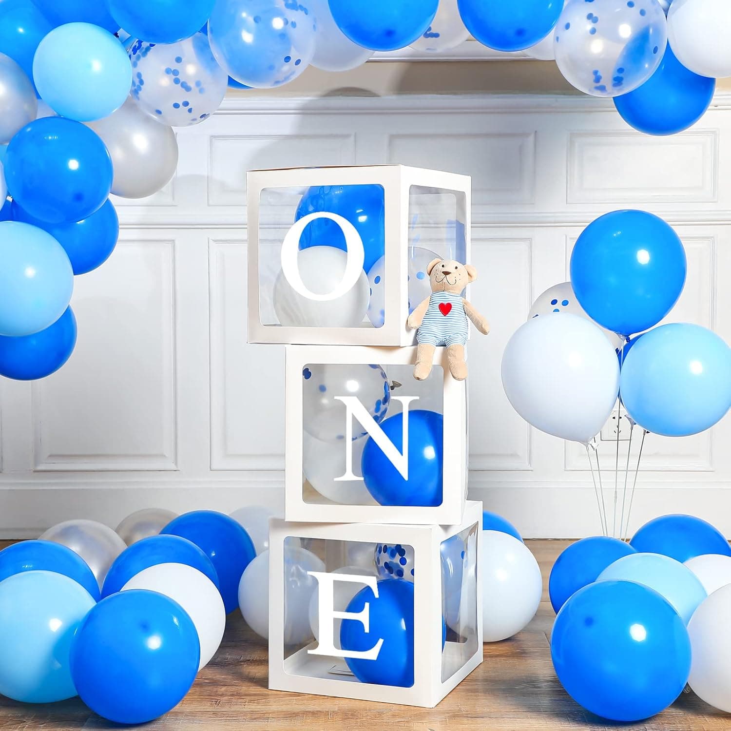 104 Pieces First Birthday Balloons Boxes Set 1st Birthday Party Decorations ONE White Balloon Blocks Boxes with 3 LED String Lights and 90 Balloons for 1st Baby Birthday Decor Photo Props (Blue)